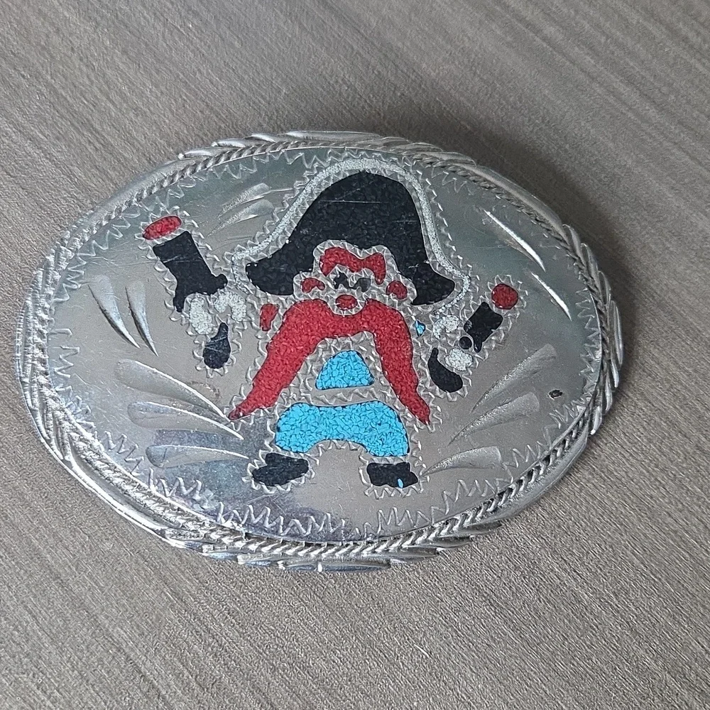 Vintage Yosemite Sam Turquois And Coral Chip Inlay Belt Buckle